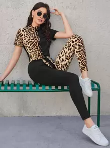 SHEIN LUNE Camiseta corta de leopardo de cuello alto bajo con nudo & Leggings - Multicolor - Ver 1