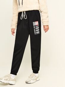 Manfinity 1pc Letter Graphic Drawstring Waist Sweatpants - Black - View 4