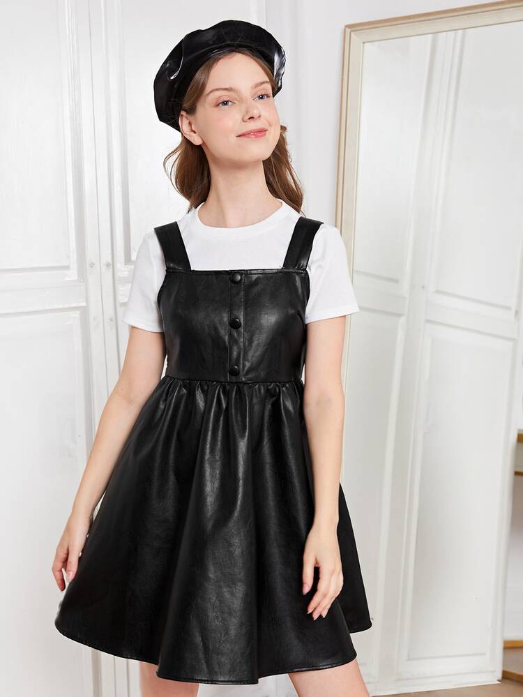 SHEIN Teen Girls Button Front PU Leather Dress With Tee | SHEIN USA