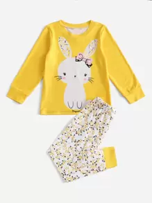Young Girl Bunny Printed Long Sleeve T-Shirt And Pants 2pcs Homewear Set - Multicolor - View 1