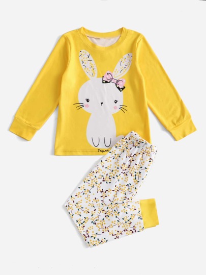 Young Girl Bunny Printed Long Sleeve T-Shirt And Pants 2pcs Homewear Set