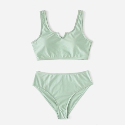 Plain High Waisted Bikini Swimsuit