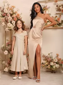 SHEIN Tween Girls 1pc Wrap Cross Split Thigh Glitter Party Dress - Apricot - View 6