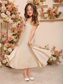 SHEIN Tween Girls 1pc Wrap Cross Split Thigh Glitter Party Dress - Apricot - View 3