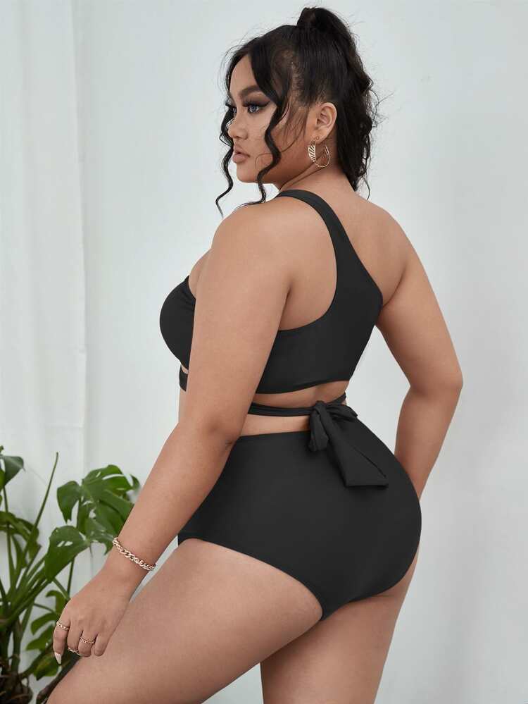 Plus Size Chain Linked Crisscross One Shoulder Bikini Set Summer Beach