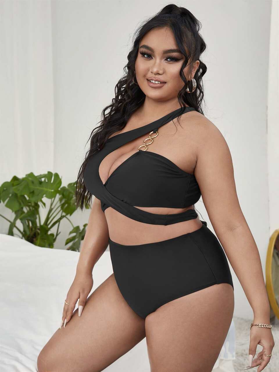 Plus Size Chain Linked Crisscross One Shoulder Bikini Set Summer Beach