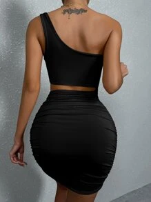 Chiquease Vestido ajustado con fruncido con abertura de un hombro - Negro - Ver 2