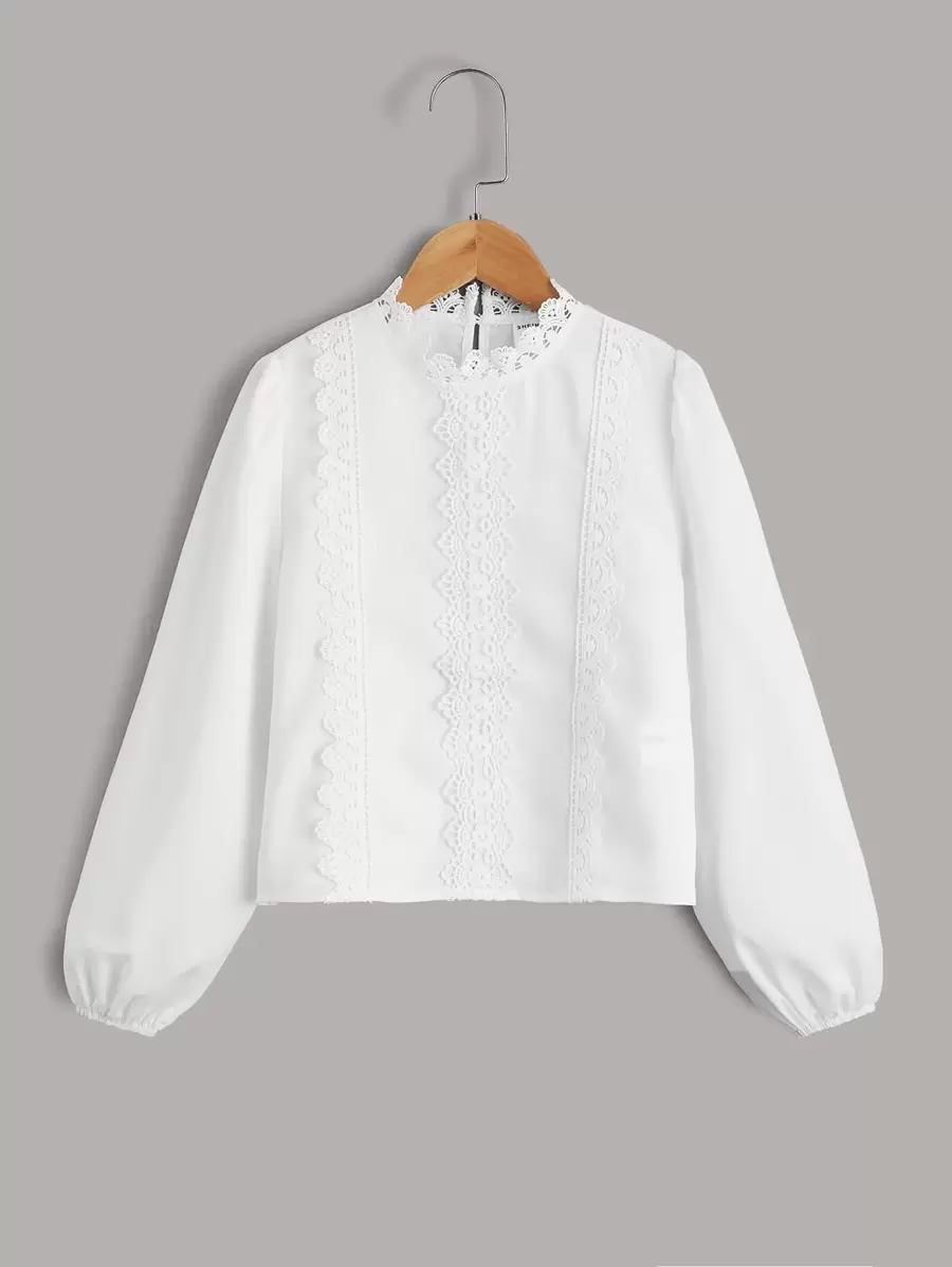 SHEIN Tween女孩蕾絲主教袖襯衫