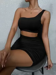 Chiquease Vestido ajustado con fruncido con abertura de un hombro - Negro - Ver 5