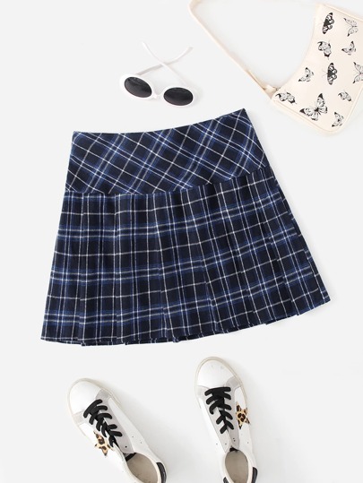SHEIN Tartan Pleated Hem Skirt