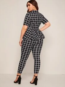 SHEIN Clasi 大碼小高領腰帶格紋花邊下擺上衣和緊身打底褲套裝 - 黑色 - 查看 2