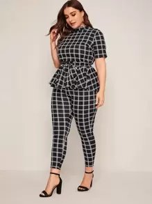 SHEIN Clasi 大碼小高領腰帶格紋花邊下擺上衣和緊身打底褲套裝 - 黑色 - 查看 3