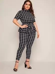 SHEIN Clasi 大碼小高領腰帶格紋花邊下擺上衣和緊身打底褲套裝 - 黑色 - 查看 4