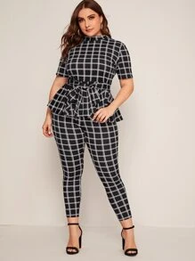 SHEIN Clasi 大碼小高領腰帶格紋花邊下擺上衣和緊身打底褲套裝 - 黑色 - 查看 5