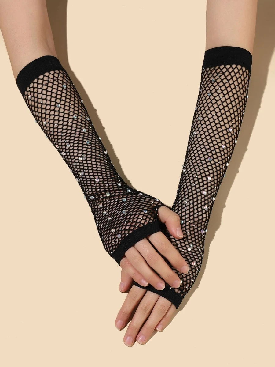 Găng tay có ngón tay trang trí bằng tay trang trí rỗng Rhinestone - màu đen - Xem 1