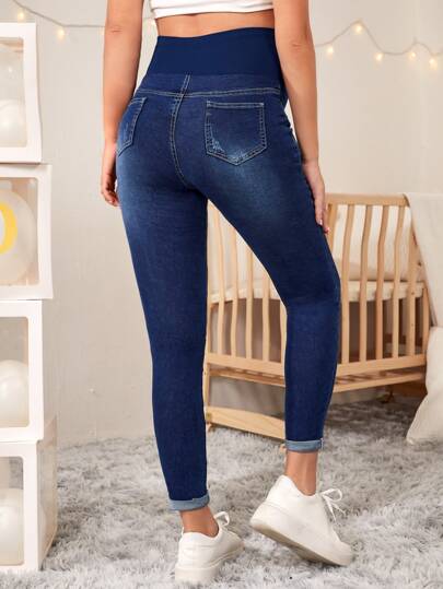 SHEIN 孕婦高腰破洞緊身牛仔褲