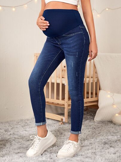 SHEIN 孕婦高腰破洞緊身牛仔褲