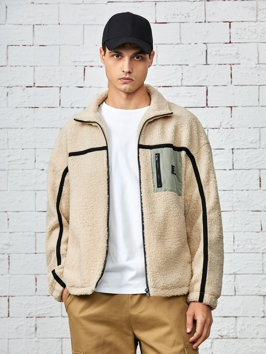 Manfinity 男士撞色滾邊拉鏈開襟泰迪夾克 - 米色 - 查看 1