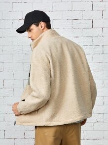 Manfinity 男士撞色滾邊拉鏈開襟泰迪夾克 - 米色 - 查看 2