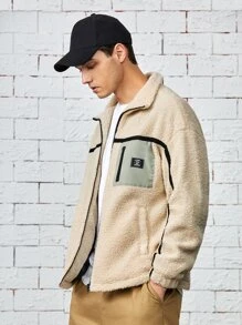 Manfinity 男士撞色滾邊拉鏈開襟泰迪夾克 - 米色 - 查看 3