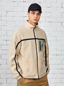 Manfinity 男士撞色滾邊拉鏈開襟泰迪夾克 - 米色 - 查看 4