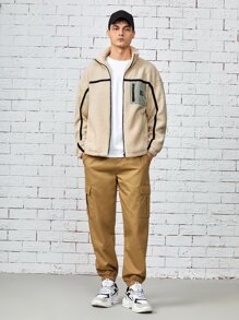 Manfinity 男士撞色滾邊拉鏈開襟泰迪夾克 - 米色 - 查看 5