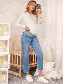 SHEIN Maternidad Jeans de color combinado cintura bajo crudo - Azul lavado medio - Ver 3