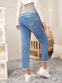 SHEIN Maternidad Jeans de color combinado cintura bajo crudo - Azul lavado medio - Ver 4