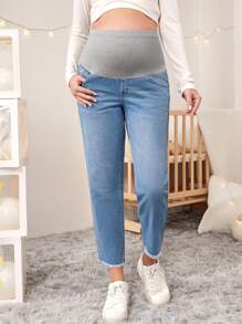 SHEIN Maternidad Jeans de color combinado cintura bajo crudo - Azul lavado medio - Ver 5
