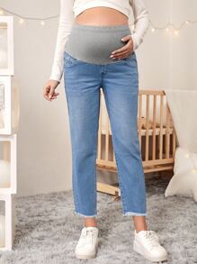 SHEIN Maternidad Jeans de color combinado cintura bajo crudo - Azul lavado medio - Ver 6
