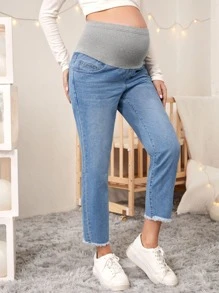 SHEIN Maternidad Jeans de color combinado cintura bajo crudo - Azul lavado medio - Ver 2