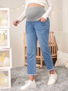 SHEIN Maternidad Jeans de color combinado cintura bajo crudo - Azul lavado medio - Ver 1