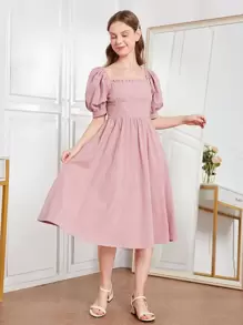 SHEIN Teen Girls Puff Sleeve Frill Trim Dress - Baby Pink - View 1