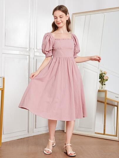 SHEIN Teen Girls Puff Sleeve Frill Trim Dress