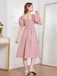 SHEIN Teen Girls Puff Sleeve Frill Trim Dress - Baby Pink - View 2