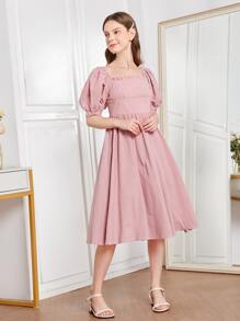 SHEIN Teen Girls Puff Sleeve Frill Trim Dress - Baby Pink - View 3