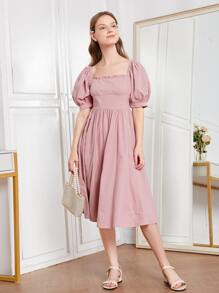 SHEIN Teen Girls Puff Sleeve Frill Trim Dress - Baby Pink - View 4