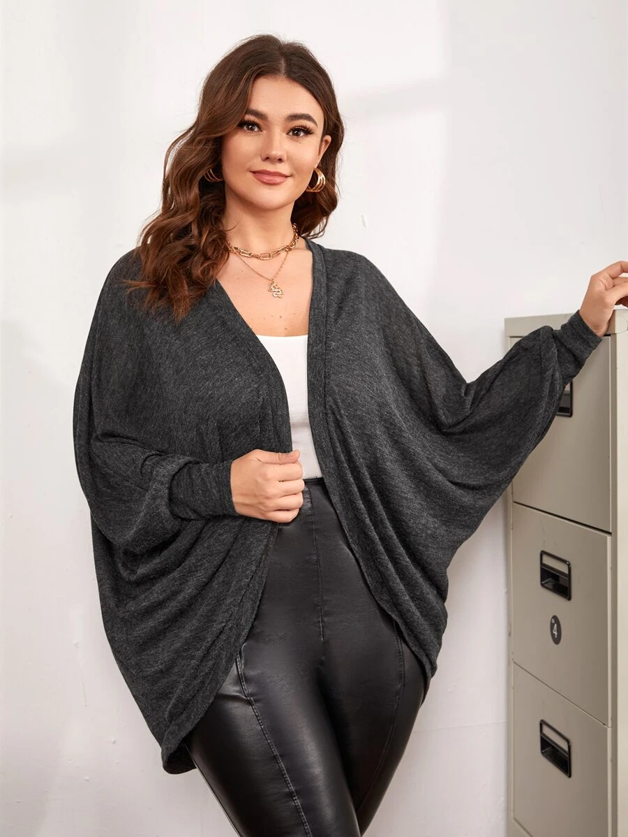 SHEIN LUNE Plus Size Teacher Outfits Black And White Striped Bat Sleeves Asymmetrical Hem Thin Coat Jacket For Autumn & Winter - Dark Grey - View 1