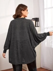 SHEIN LUNE Plus Size Teacher Outfits Black And White Striped Bat Sleeves Asymmetrical Hem Thin Coat Jacket For Autumn & Winter - Dark Grey - View 2