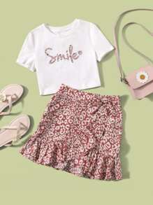 SHEIN Bộ hai mảnh Gái Thắt nút Viên lá sen Báo Lá thư Ăn mặc đẹp - Nhiều màu - Xem 1