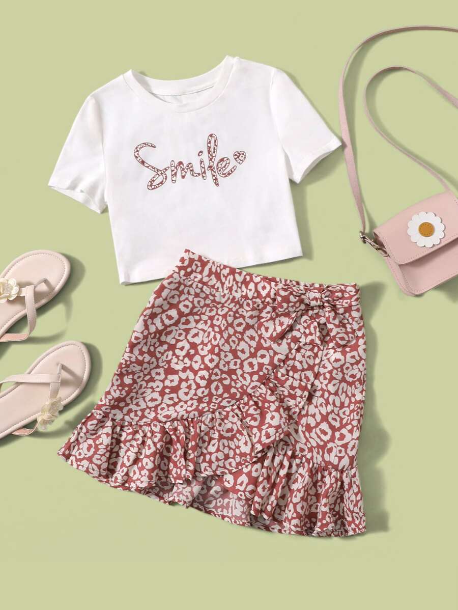 SHEIN Bộ hai mảnh Gái Thắt nút Viên lá sen Báo Lá thư Ăn mặc đẹp - Nhiều màu - Xem 1