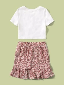 SHEIN Bộ hai mảnh Gái Thắt nút Viên lá sen Báo Lá thư Ăn mặc đẹp - Nhiều màu - Xem 2