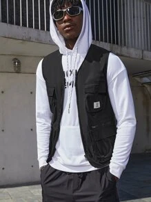 Manfinity RebelGame Men Letter Patched Flap Pocket Jacket - Black - View 1