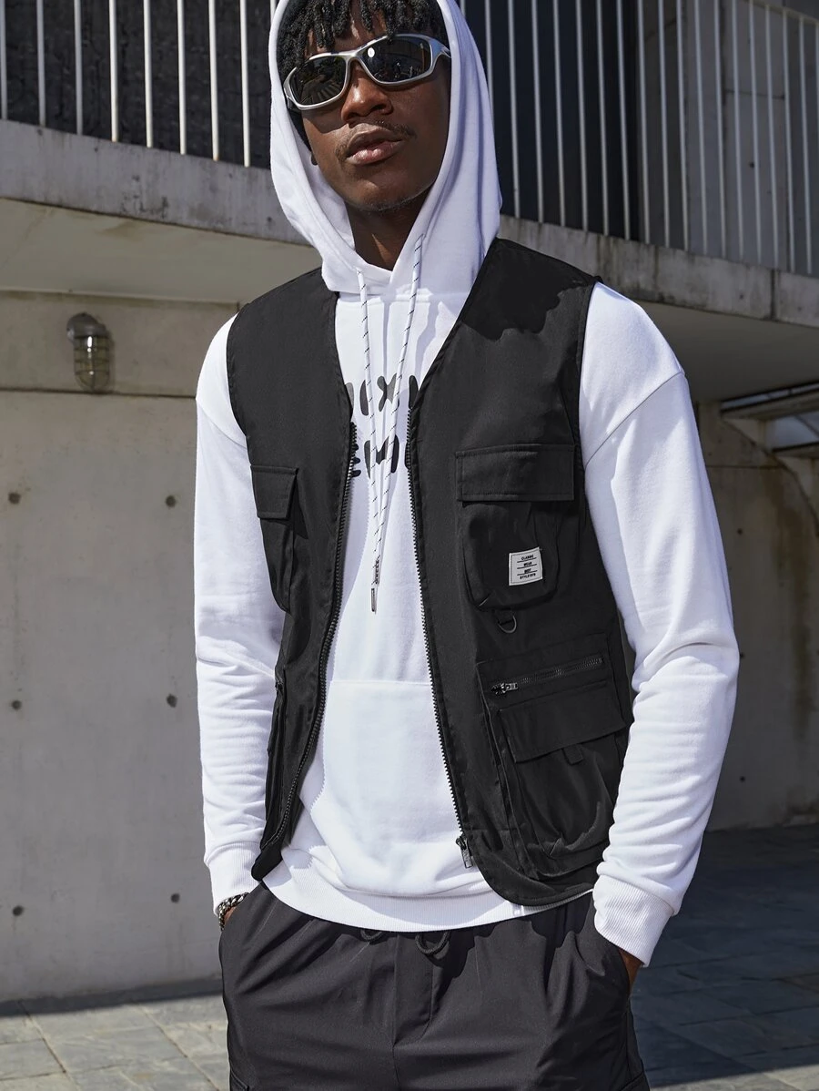 Manfinity RebelGame Men Letter Patched Flap Pocket Jacket - Black - View 1