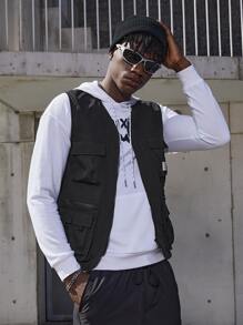 Manfinity RebelGame Men Letter Patched Flap Pocket Jacket - Black - View 3