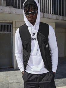 Manfinity RebelGame Men Letter Patched Flap Pocket Jacket - Black - View 4