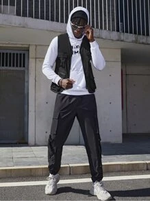 Manfinity RebelGame Men Letter Patched Flap Pocket Jacket - Black - View 5