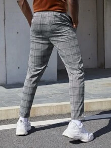 Manfinity VCAY Men Plaid Drawstring Waist Pants Tapered Long Slacks Colorful Going Out - Grey - View 2