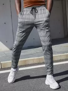 Manfinity VCAY Men Plaid Drawstring Waist Pants Tapered Long Slacks Colorful Going Out - Grey - View 3