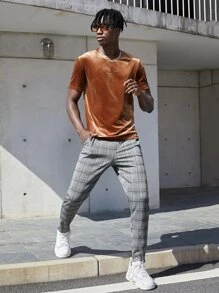 Manfinity VCAY Men Plaid Drawstring Waist Pants Tapered Long Slacks Colorful Going Out - Grey - View 4